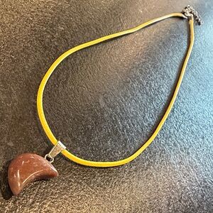 Yellow Cord Necklace with Red Brown Agate Crescent Pendant